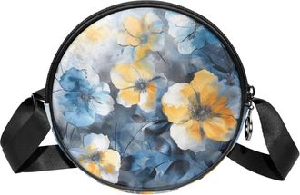 Generic Circle Crossbody Bag for Women, Floral Leaves Small Sling Bag Daypack with Zipper Adjustable Shoulder Straps Casual Ladies Girls Round Purse