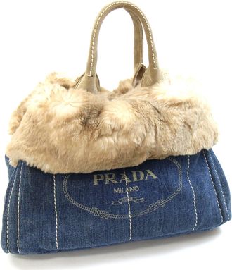 Prada Canapa Beige Blue Denim Suede Fur Handbag Tote Bag (Pre-Owned)
