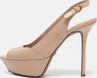 Sergio Rossi Beige Patent Leather Peep Toe Platform Slingback Pumps