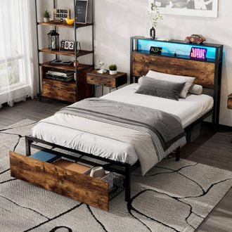 Merax 3ft Single Industrial Metal Bed with Storage LED Headboard & Drawer in Walnut