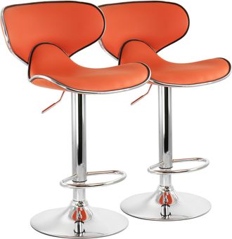 Elama 2 Piece Slim Faux Leather Adjustable Bar Stool in Orange with Chrome Base