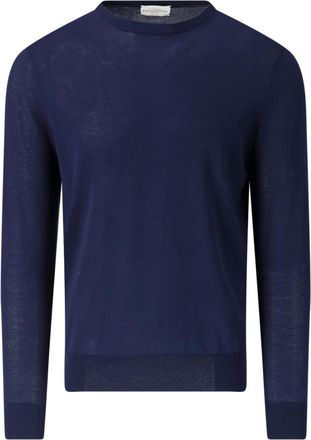 Ballantyne Blue Fine-Knit Ribbed Trim Crewneck Sweater
