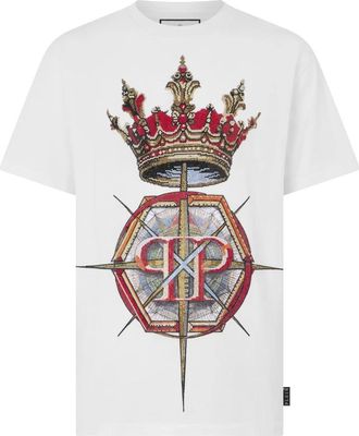 Philipp Plein Tops, Heren, Wit, 5Xl, Katoen, Round Neck T-Shirt Crown Stones
