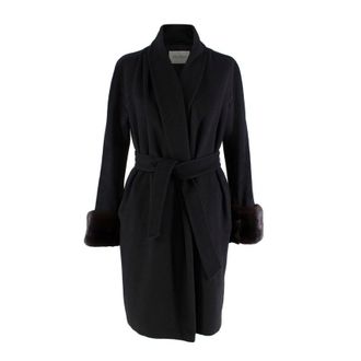 Max Mara Black Camel Hair Wrap Coat with Fur Cuffs Size XS