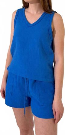 bobi V-Neck Raw Edge Tank Top In Bluejay