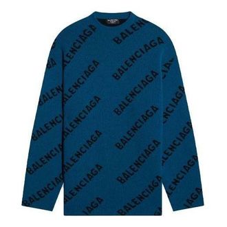 Balenciaga All Over Logo Crewneck Wool Knit Sweater Petrol Blue 657400T15672470