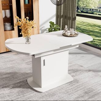 Merax Extendable Oval Pedestal Dining Table with Built-in Storage Cabinet in White