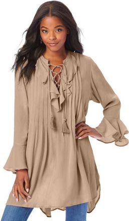 Roaman's Hand Crinkled Ruffle Pintuck Tunic in New Khaki at Nordstrom, Size 12
