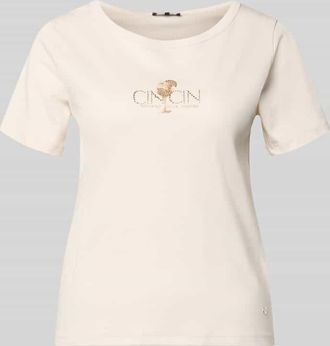 Monari T-Shirt mit Motiv-Print und Strasssteinbesatz in Ecru, Gr&ouml;&szlig;e 34