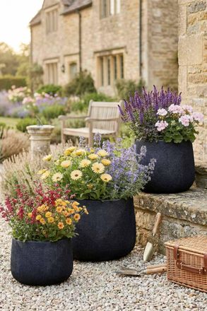 Dibor Set of 3 Grey Symmetry Stripe Fibre Clay Indoor Outdoor Garden Planters | Size: Large