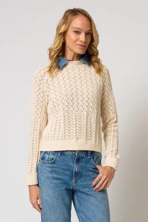 Central Park West Hazel Denim Collared Pointelle Sweater in Ivory at Nordstrom, Size X-Small
