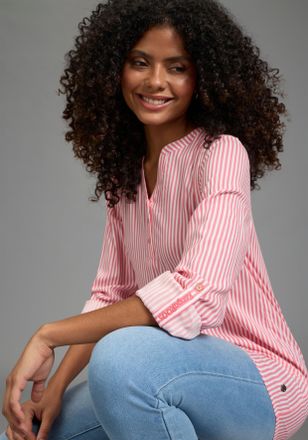 Kangaroos Longbluse KANGAROOS, Damen, Gr. 36, pink gestreift, Web, Obermaterial: 100% Viskose, figurumspielend h&uuml;ftbedeckend, Rundhals, 1-Knopf-Manschette kremp