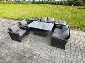 Fimous Rattan Garden Furniture Sets Patio Outdoor Rising Lifting Table Sofa Set with Double Seat Sofa 2 Side Tables Dark Grey