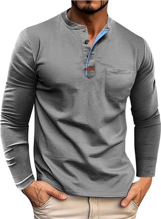 Generic Men Long Sleeve Tops Solid Round Neck T-Shirts with Buttons and Breathability Mens Classic Fit Clothes Shirt for Everyday Urban Work Commuting Travel