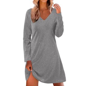 Generic Womens Elegant V-Neck Long Sleeve Sequin Evening Gown - Sparkling Night Out Party Dress for Wedding Guest, Christmas Party, Prom, Formal Occasions and