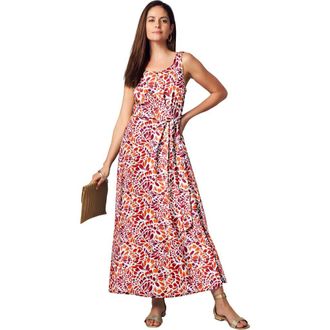 Jessica London Stretch Cotton Side Tie Maxi Dress in Red Orange Feather at Nordstrom, Size Medium