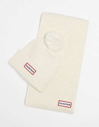 Hunter Set regalo unisex con berretto e sciarpa crema a coste-Neutro
