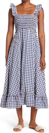 Max Studio Yarn Dye Ruffle Sleeve Smocked Dress in Indigo/Cream at Nordstrom Rack, Size X-Large