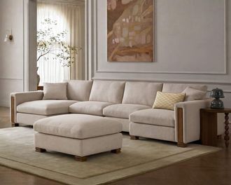 Castlery Tan France Kagan 4-Piece U-Shape Sectional Couch with Ottoman, Basketweave Cream - Modern Heritage Modular Sofa - Castlery
