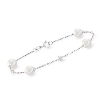 Ross-Simons 6-6.5mm Cultured Pearl Bracelet With Diamond Accents in 14kt White Gold