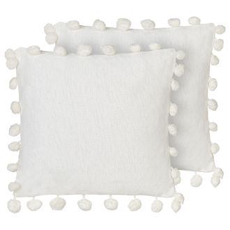Beliani Beliani - Conjunto De 2 Cojines De Tela De Poli&eacute;ster 45 X 45 Cm Hechos A Mano Con Borlas Blanco Jasmine