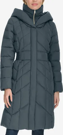 Cole Haan Womens Taffeta Down Coat With Elasticaded Waist Inserts - Grey Size Medium