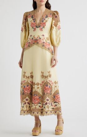 Farm Rio Embroidered Lace Linen Blend Midi Dress in Sand at Nordstrom, Size Xx-Small