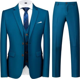 AlltheMen Mens Suits 3 Piece Regular Fit Formal Dress Tuxedo Two Buttons Business Suit Jacket Trousers Lake Blue M