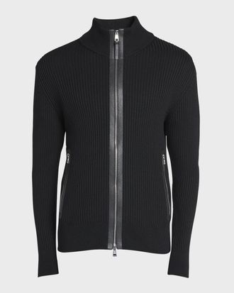 Moncler Men & apos;s Ribbed Cardigan with Leather Trim