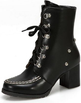 Generic Womens Fashion Lace Up Ankle Boots with Studded Decor Comfort Block Heel Round Toe Winter Punk Shoes (Black,5.5)