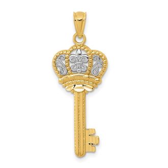 Diamond2Deal 14k Yellow Gold and White Rhodium Fleur De Lis Crown Key Charm Pendant
