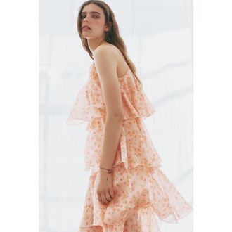 H&M Tiered One-shoulder Linen-blend Dress in Light Pink/floral at Nordstrom, Size Xx-Large