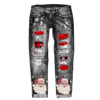Generic Ripped Jeans Womens Baggy,Womens Ripped Boyfriend Jeans Distressed Washed Christmas Patch Print Denim Trousers High Waisted Loose Stretchy Xmas Patter