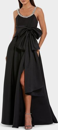 Mac Duggal Pleated Pearly-Trim Bow Satin Gown