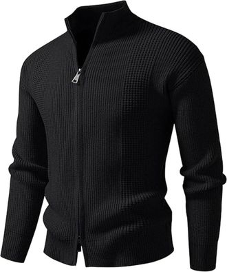 Generic Mens Stand Collar Cardigan Sweater Knit Sweaters Full Zip Jacket Long Sleeve Knitted Ribbed Sweatshirt, Black, XL