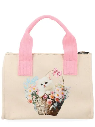 Msgm Womens Tote Bag With Print White Cotton Handbags Hand