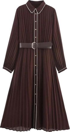 Generic Womens Midi Dress Long Sleeve Pleated Slimming Single Breasted Clothing Dress