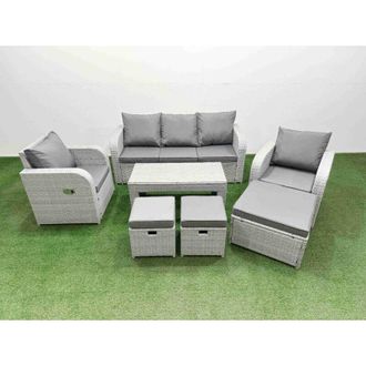 Fimous Pe Rattan Garden Furniture Set Reclining Chair Sofa Lounge Sofa Set Rectangular Coffee Table 3 Stools Light Grey - Fimous
