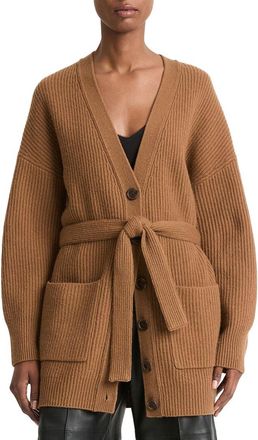 Vince Leather Belt Ribbed Wool & Cashmere-Blend Cardigan