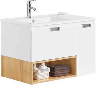SoBuy Sobuy - Mueble con Lavabo Armario Colgante para Cuarto de Baño con 1 Cajon 1 Puerta 3 Compartimnetos y 1 Lavabo 80 x 46 x 54 cm BZR178-WN es