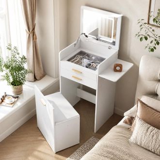 Woltu Woltu Tocador 3 En 1 Con Almacenamiento, Taburete, Superficie De Cristal, Tira Led, Caj&oacute;n Con Organizador De Joyas Y Taburete Con Ruedas Y Espacio De 
