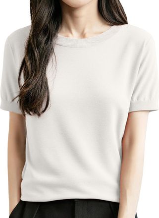 Generic Short Sleeve Jumpers for Women UK Crew Neck Loose Fit Pullover Spring Summer Knitted Sweater Casual Base Layer Top Lightweight Soft Blouse Knitwear