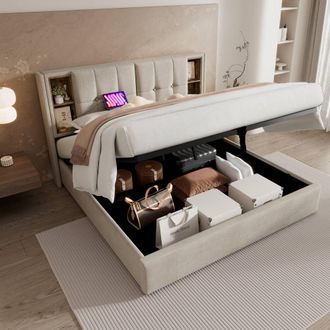 Matteo Natural Linen Upholstered King Bed - Wireless Charging & Storage