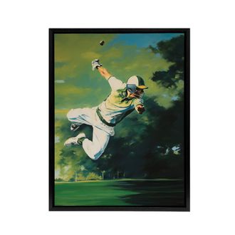Artery8 Cricket Match Outfield Diving Catch Framed Canvas Wall Art Print in Green | Size: W24 x H32