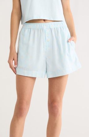 Open Edit Print Cozy Flannel Boxer Pajama Shorts in Blue- Ivory Argyle Bow at Nordstrom, Size X-Small