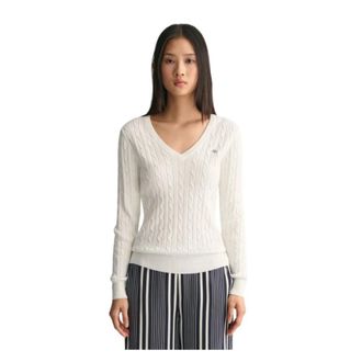 GANT Gedraaide katoenen V-hals trui - Dames - V-hals truien - Wit - XL - Katoen - Truien & Vesten