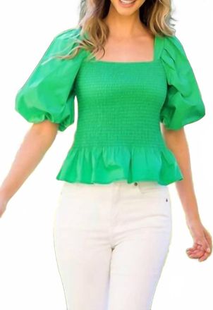 THML Clothing Flutter Smocked Poplin Sleeve Top In Green