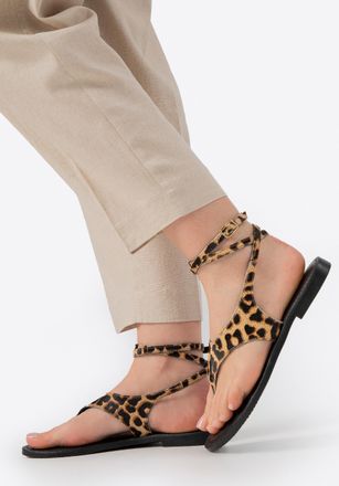 Wittchen Dames leren slippers met dierenprint in zwart en bruin, Natuurlijk leer