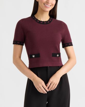 Ellen Tracy Womens Short Sleeve Sweater with Contrast Trim