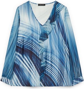 Fiorella Rubino Viscose blouse met print en ruches - Dames - Blouses - Blauw - 5XL - Polyester - Overhemden